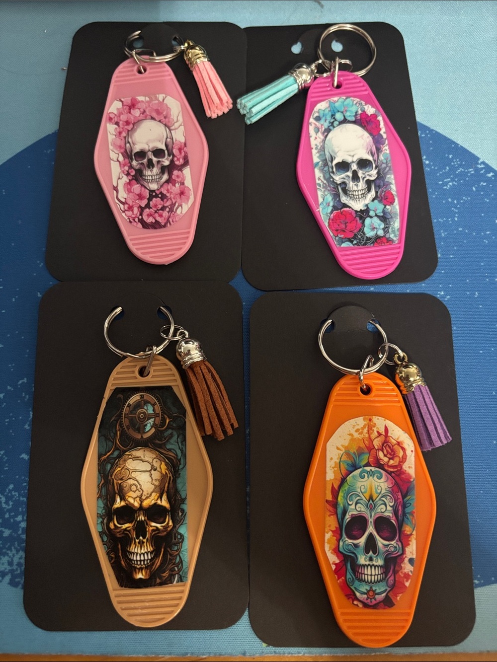 Hand Crafted Skull Floral Key Tags in Red Pink Purple Tan Orange - Picture 3 of 3